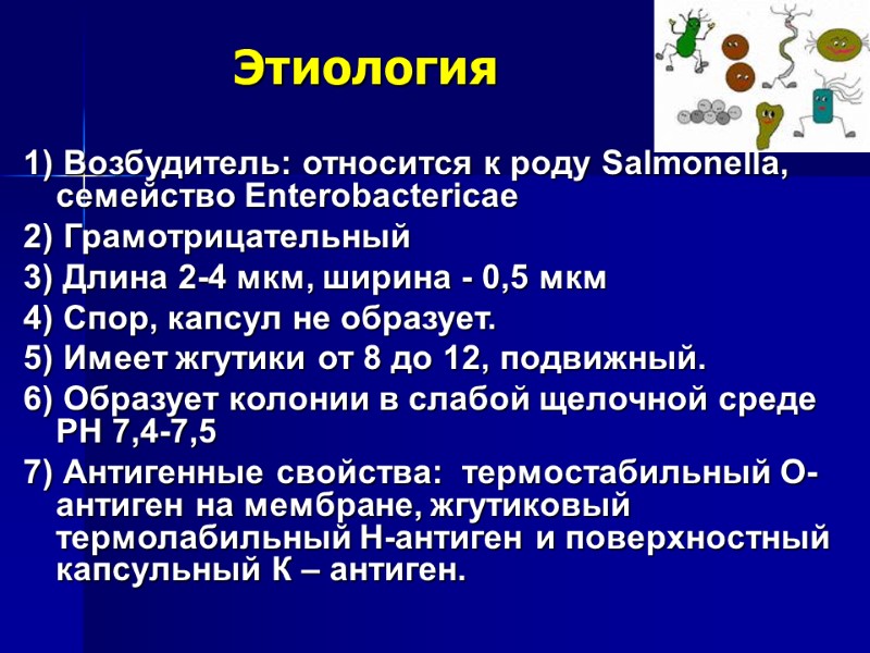 Этиология 1) Возбудитель: относится к роду Salmonella, семейство Enterobactericae 2) Грамотрицательный 3) Длина 2-4